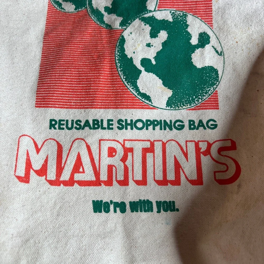Vintage Martins Supermarket Canvas Tote Bag We Care‎ Too Earth Graphic